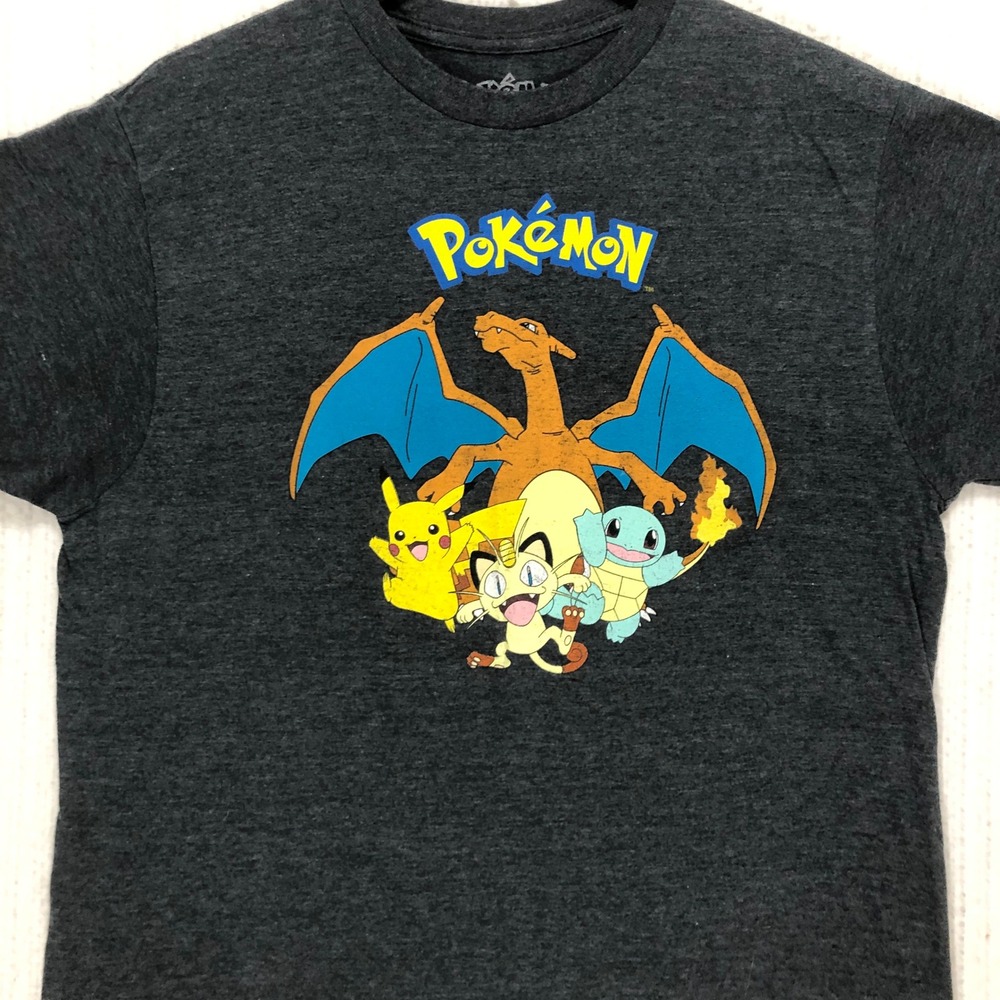 Pokemon Charizard Pikachu Squirtle Meowth Graphic‎ T-Shirt Charcoal Gray Large